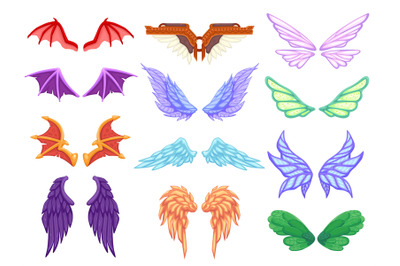 Cartoon dragon wings. Angel devil dragon bat fairy tail mythical monst