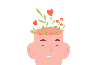 Blooming mind. Positive mental beauty human with flower inside head, m