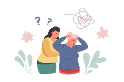 Woman alzheimer. Caregiver with elder grandma dementia, loss memory ag