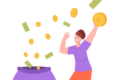 Woman celebrating earnings. Women earning and saving money, positive c