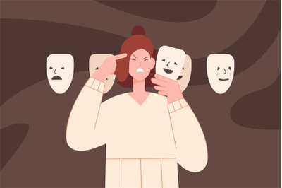 Woman emotion mask. Face behind masks personality psychology, fake per