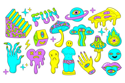 Psychedelic emoji stickers. Cartoon mushroom retrowave art, hipster st