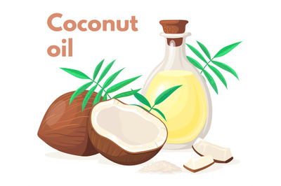 Coconut oil bottle. Cartoon coco nuts drops, beauty natural fruit whit