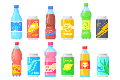 Bottles fizzy drinks. Nonalcoholic drink bottle and can soda beverage,