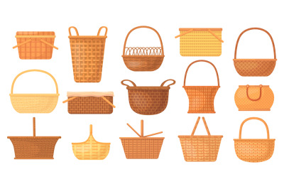 Cartoon handmade baskets. Wicker rattan picnic basket, bamboo weave em