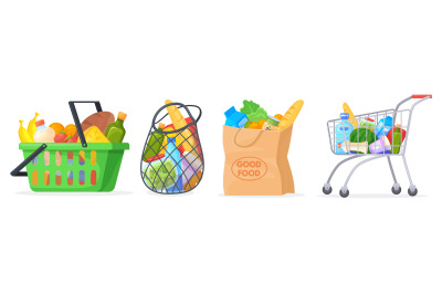 Cartoon grocery baskets. Supermarket boxes, plastic cart shop trolley