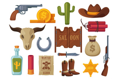 Wild west collection. Cartoon icons with cowboy hat cactus dynamite ro