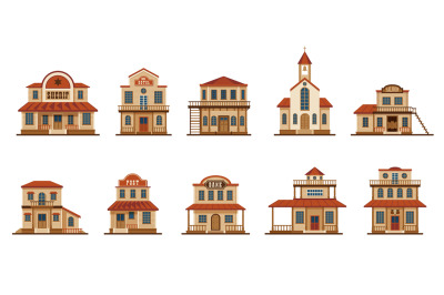 Wild west buildings. Cartoon western american traditional house facade