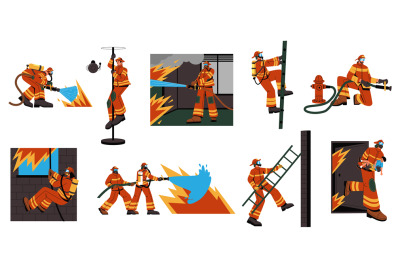 Fireman in uniform. Cartoon firefighter characters in different situat