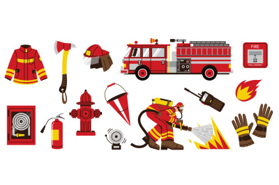 Fire truck with equipment. Firefighter characters with red rescue tran