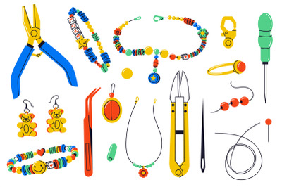 Jewelry making tools. Cartoon handmade accessories with instruments, f