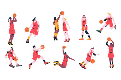 Girl basketball players. Cartoon woman characters playing sport game,