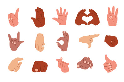 Cartoon human hands. Gestures with pointing fingers clenched fists oka