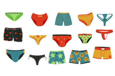 Men and women underpants. Doodle male female kid colorful underwear cl