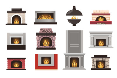 Home fireplace collection. Cartoon house hearth with grate and firewoo