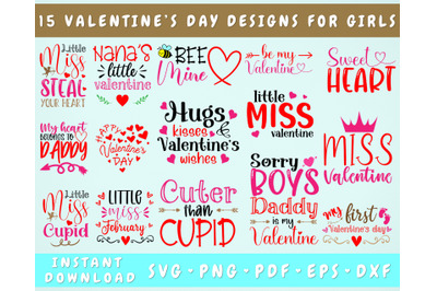 Valentine&#039;s Day SVG Bundle For Girls, 15 Designs, Little Miss Valentin