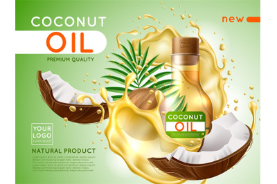 Realistic coconut oil poster. Care serum, liquid hair and skin care pr