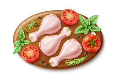 Raw chicken on cutting board. Realistic turkey drumsticks, cooking pro