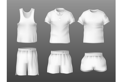 Realistic t-shirts and short. Empty white summer sport outfits front v