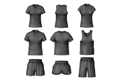 Realistic black t-shirts and short. Different types shirts&2C; male and f