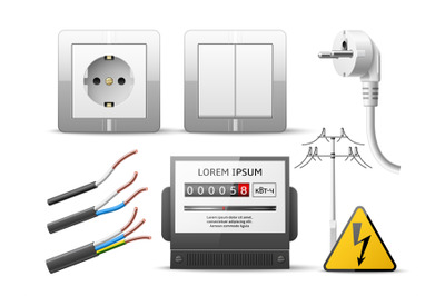 Realistic electricity. 3d power line, socket, switch, energy meter, mo