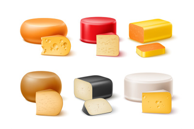 Realistic cheese. Different varieties cheeses, whole circles, blocks a