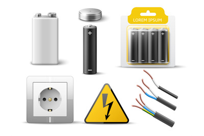 Realistic electricity elements. 3d power objects, different types alka