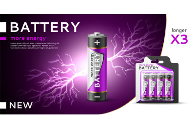 Realistic alkaline battery banner. 3d isolated object and blister pack