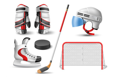 Realistic hockey set. Sport uniform elements and accessories, 3d glove