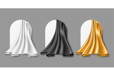 Silk cloth covered drapery. Realistic gold, black and white hanging fa