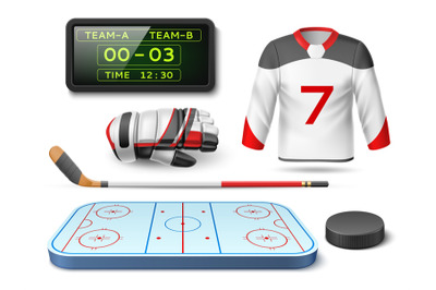 Realistic ice hockey elements. 3D sport objects, team play, wooden sti