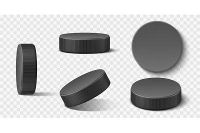 Realistic ice hockey puck. Black rubber puck in different positions, s