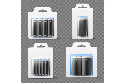 Realistic battery packages. Different sizes and types mockup&2C; electric
