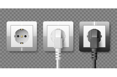 Outlet with power cord. Realistic white and black plastic sockets, ele