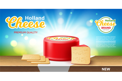 Realistic cheese poster. Dutch cheese, whole circle in red wax package