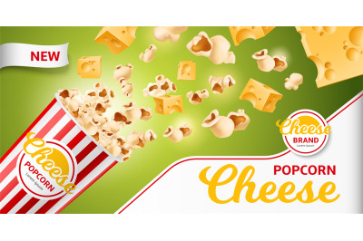 Realistic cheese product poster. 3d popcorn flying out of bucket with