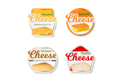 Realistic cheese labels. Different shapes product packaging stickers&2C;