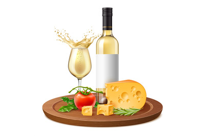 Realistic white wine and cheese. Products composition, alcohol beverag