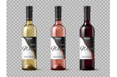 Realistic transparent wine bottles. Wine types, white, red and rose, i