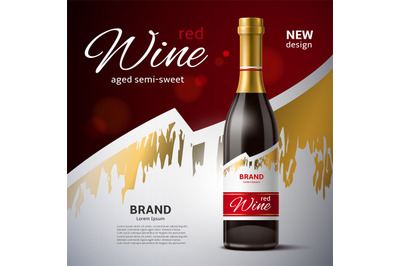 Realistic red wine bottle poster. 3d isolated glass packaging alcoholi