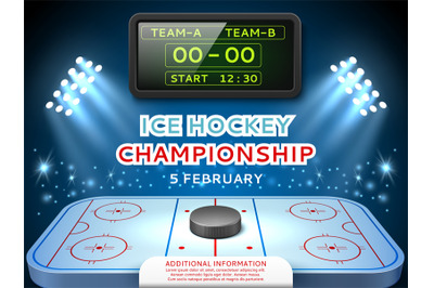 Ice hockey electronic scoreboard poster. Realistic ice rink with hocke