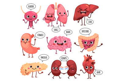 Cartoon cute organs characters. Happy healthy human organs, funny kidn