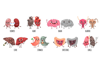 Cartoon unhealthy and healthy organs pairs. Cute characters with faces