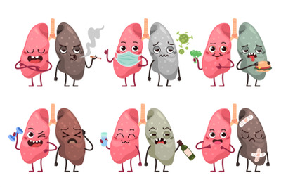 Cute lungs characters. Healthy and unhealthy cartoon human organs masc