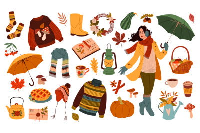 Autumn elements. Cute girl in warm clothes for rainy season holds umbr