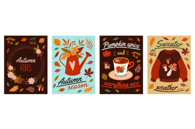 Cartoon autumn elements cards. Fall mood posters, yellow orange leaves