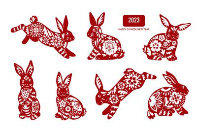 Chinese traditional rabbit. Cute new year symbol&2C; red patterned silhou