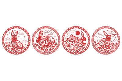 Chinese zodiac rabbits labels. Red rounds emblems with astrological an