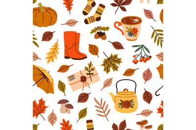 Autumn elements seamless pattern. Cartoon yellow leaves, warm accessor