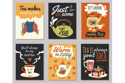 Tea time menu cards. Cute breakfast posters with funny hand drawn text